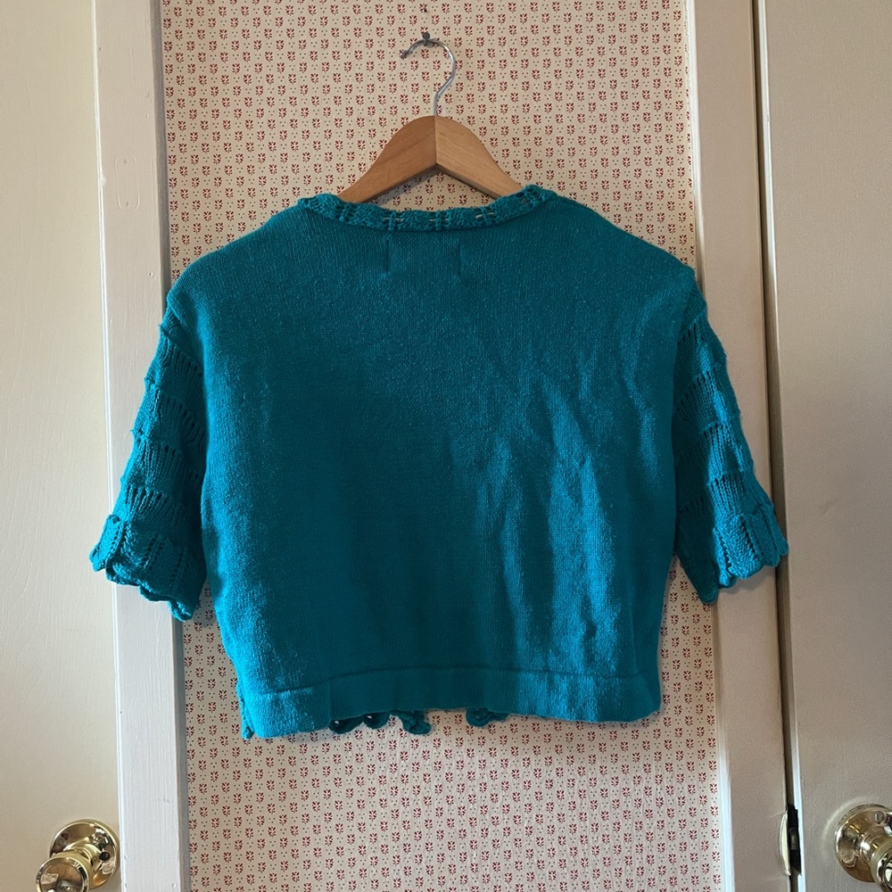 Vintage 90s Molly Malloy Teal Knit Cropped Cardigan Size Small - Picture 2 of 7
